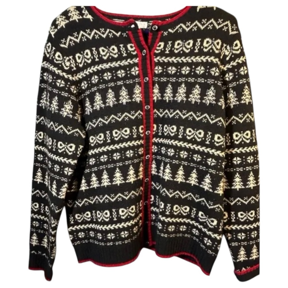 Charter Club Button Up Christmas Cardigan Sweater 100% Lambs Wool Sz M petite
